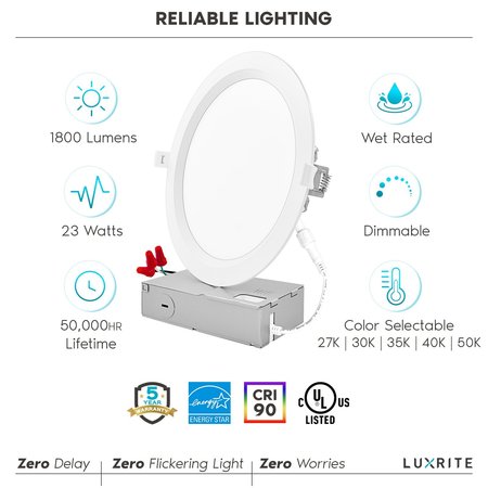 Luxrite 8 Inch Ultra Thin LED Recessed Downlight 5 CCT Selectable 2700K-5000K 23W 1800LM Dimmable LR23733-1PK